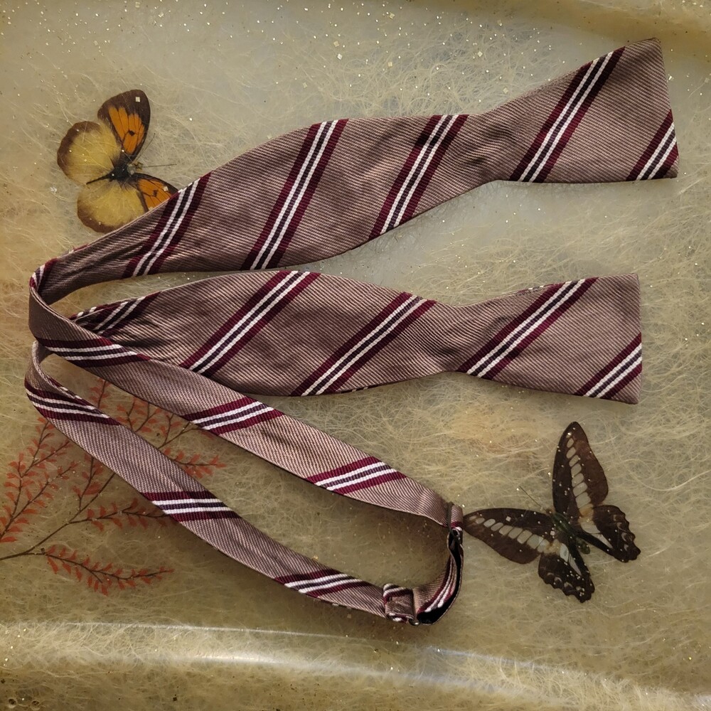 Vintage All Silk True 100% Beige Maroon Striped Adjustable Bow Tie